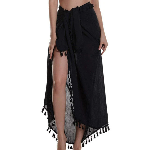 Women Beach Dress Semi-sheer Swimwear Bikini Cover Ups Short Skirt with Tassels Chiffon Wrap Swimming Dress Sarong Pareo Shorts - Deanwangkt