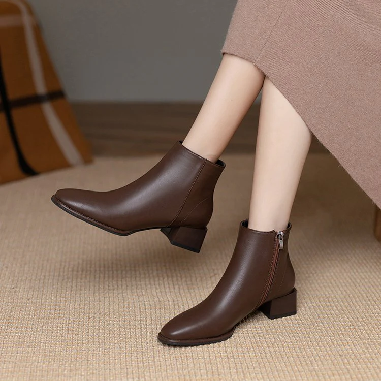 deanwangkt Women Ankle Boots Mid Heels Dress Shoes Woman Ol Office Lady Shoes Winter Botines with Zipper Black Botas De Mujer Brown - Deanwangkt