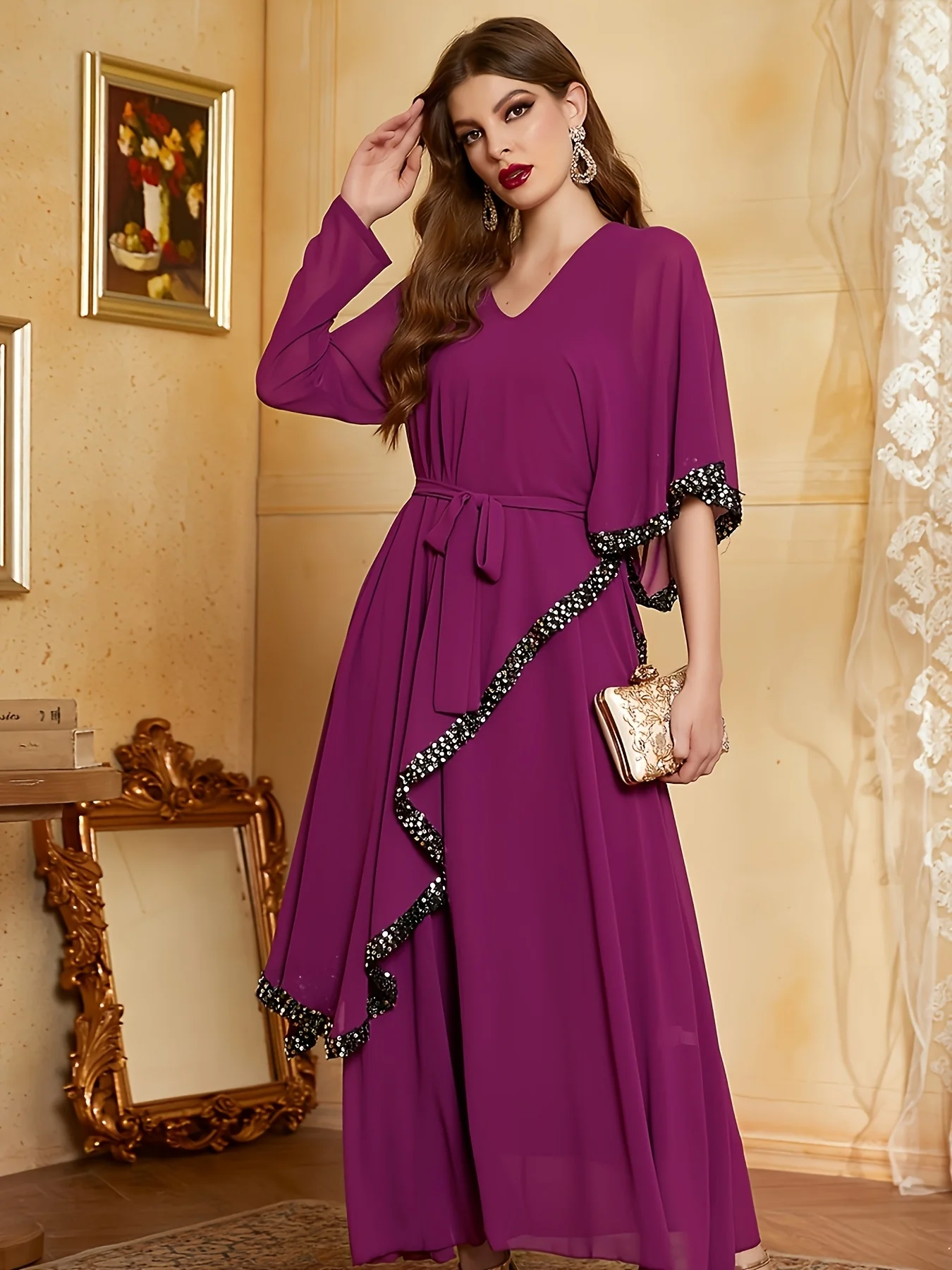 Contrast Trim Asymmetric Sleeve Dress, Elegant V Neck Tiered Dress For Party & Banquet, Women's Clothing - Deanwangkt