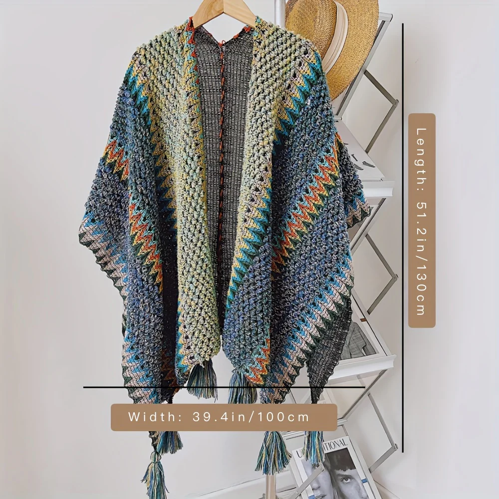 deanwangkt Vintage Stylish Loose Shawl Striped Tassel Chunky Cape Autumn Winter Women's Coat Bat Knitted Wrap - Deanwangkt