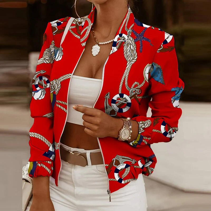 deanwangkt New Short Jacket Women Long Sleeve Coats Female Elegant Spring Autumn Zipper Outwear Office Ladies Print Casual Jackets - Deanwangkt