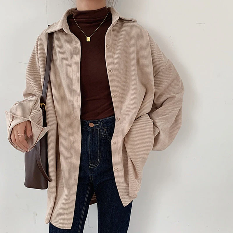 deanwangkt Women Solid Corduroy Coat Vintage Oversized Blouse Turn-Down Collar Jacket Button Up Batwing Sleeve Shirt Autumn Casual Thin Top - Deanwangkt