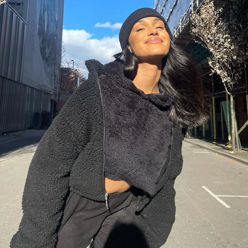 deanwangkt  Autumn Winter Women Teddy Lambswool Zipper Long Sleeve Sweatshirt Jacket Crop Top Warm Coat Streetwear Casual Loose - Deanwangkt