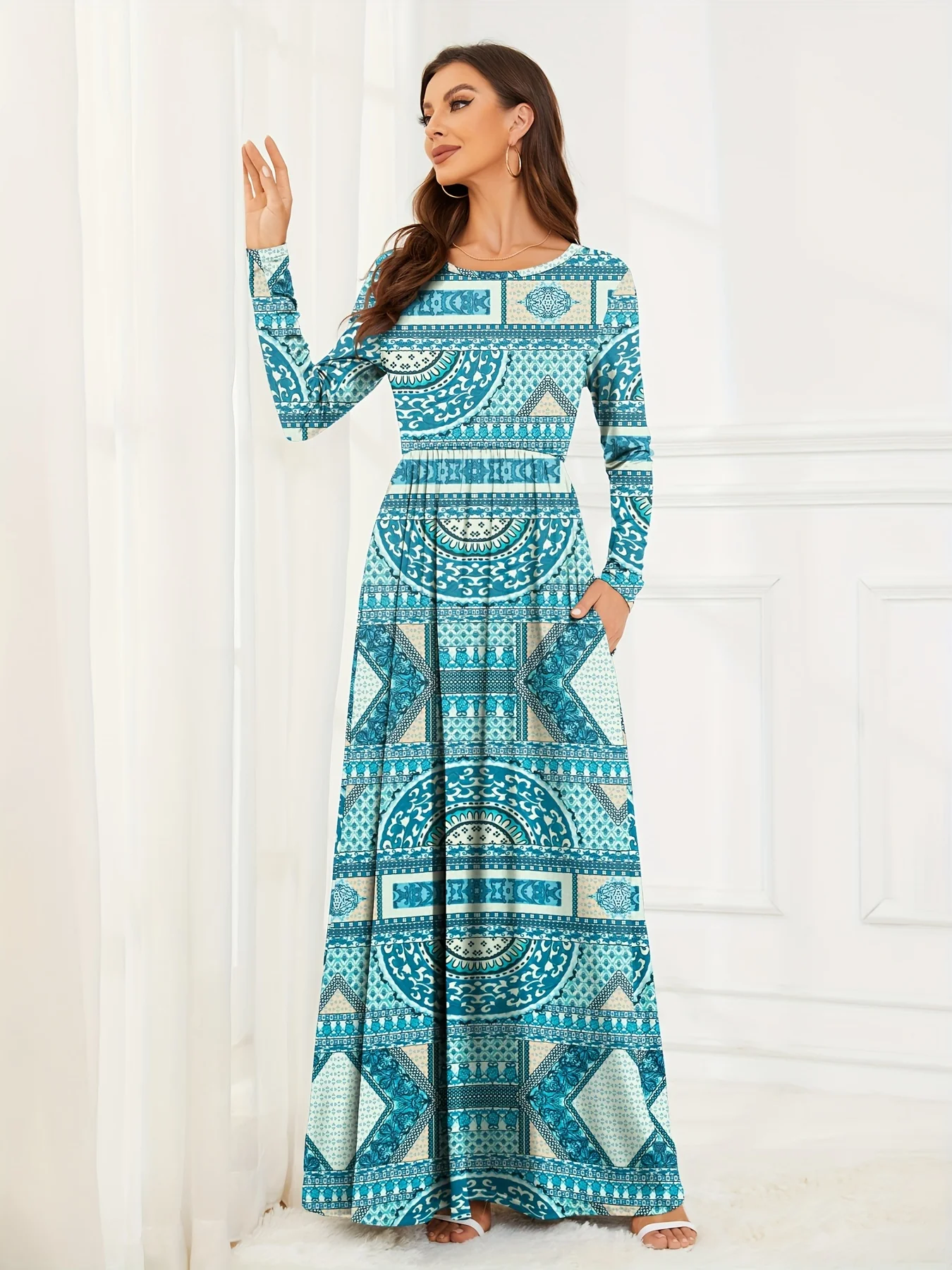 Geometric Print Crew Neck Dress, Elegant Long Sleeve Pleated Maxi Dress, Women's Clothing - Deanwangkt