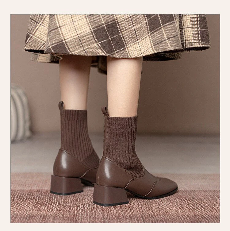 deanwangkt Autumn Winter New Ankle Socks Shoes Women Fashion Large Size  Knitted Short Boots Women Slip On High Heels - Deanwangkt