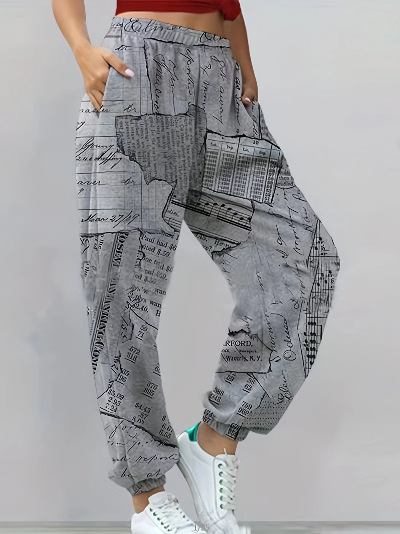 deanwangkt-1  Newspaper Print Sweatpants, Casual Everyday Versatile Jogger Pants Trousers, Women's Clothing - Deanwangkt