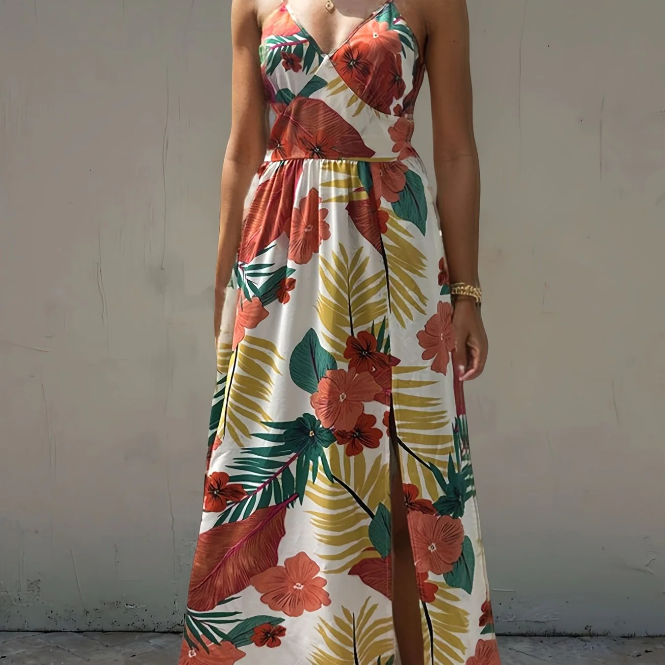 Tropical Print Cami Dress, Vacation Split Thigh Sleeveless Summer Maxi Dress, Women's Clothing - Deanwangkt