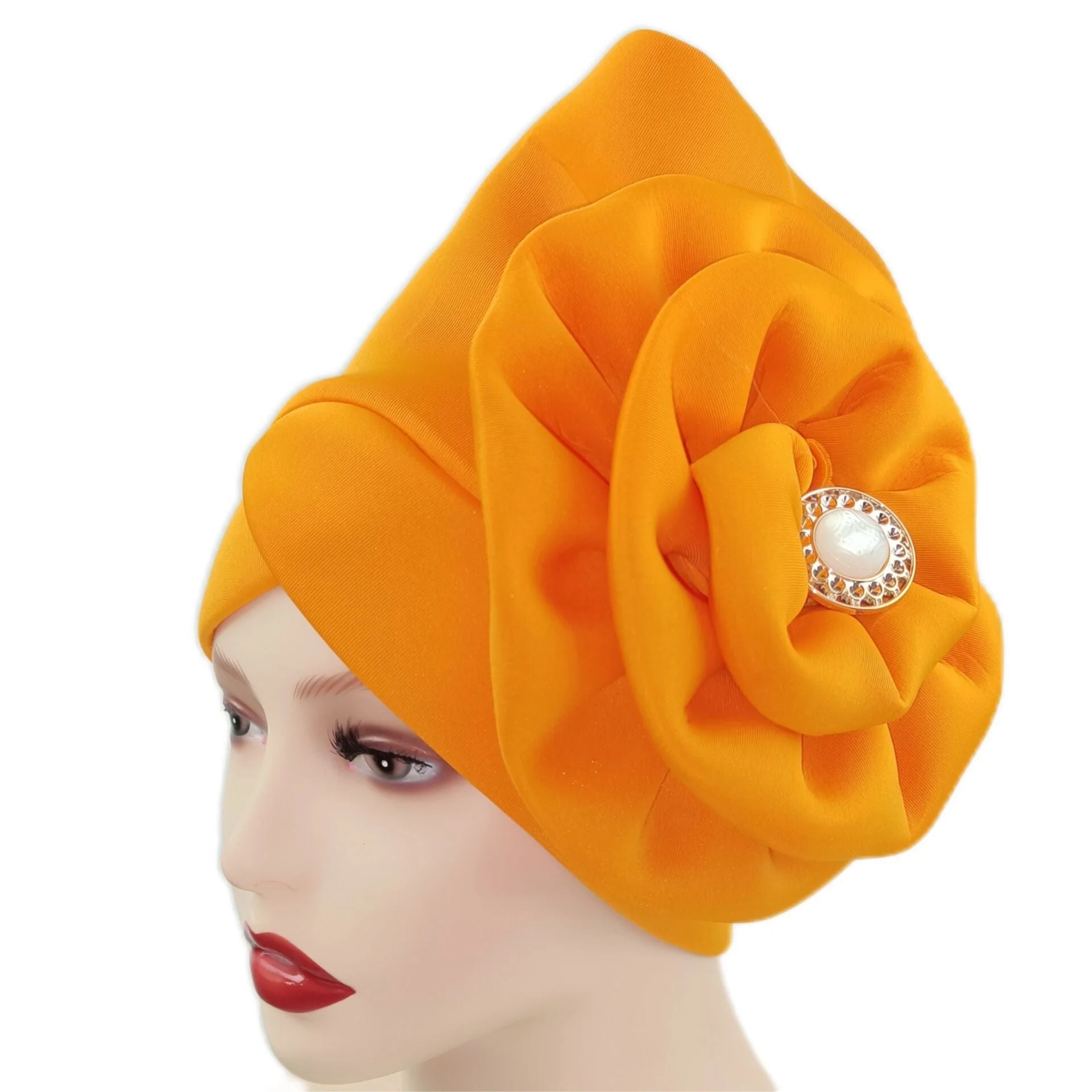 deanwangkt Solid African turban big flower design headtie cap for fashion women headwrap with badge - Deanwangkt