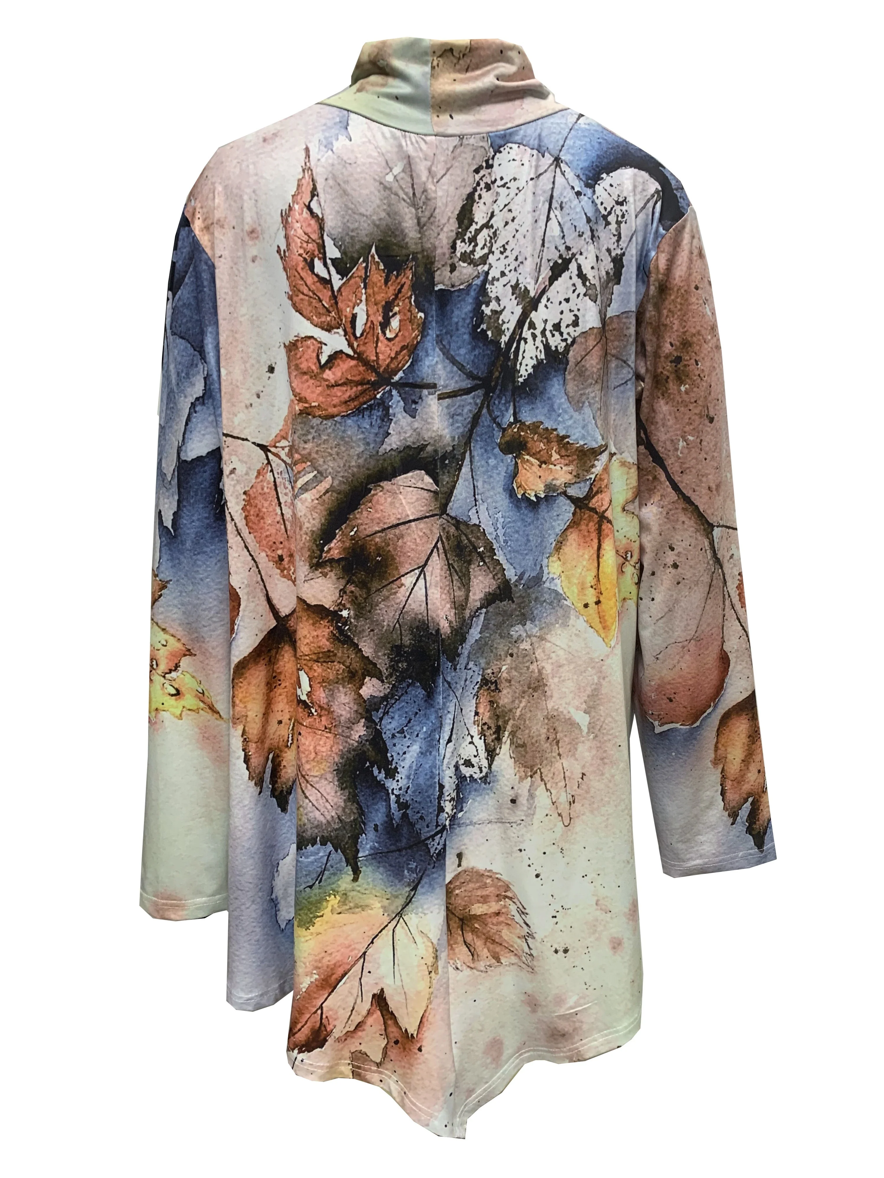 Plus Size Casual Top, Women's Plus Maple Leaf Print Long Sleeve High Neck Medium Stretch Tunic Top - Deanwangkt