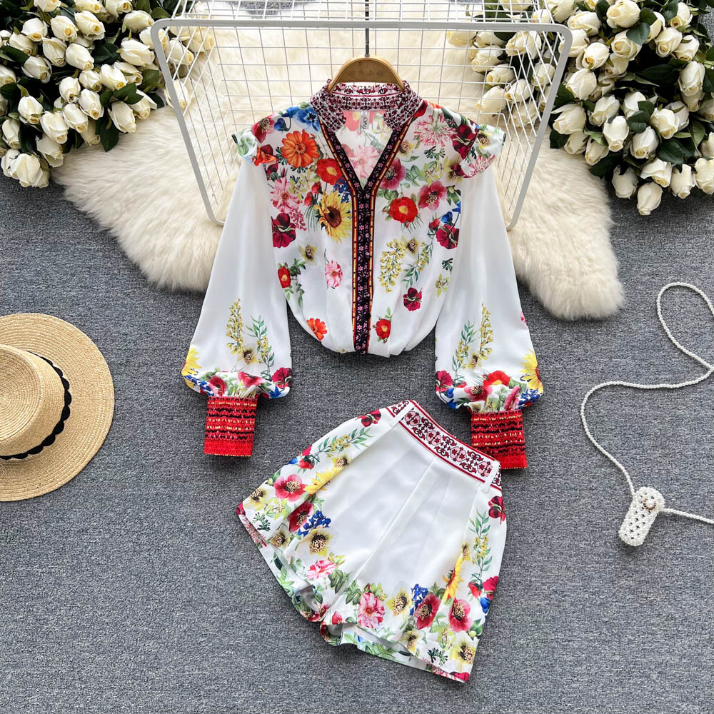 deanwangkt Women Shorts Sets Runway V-Neck Lantern Sleeve Floral Print Blouse Shirts and Belt Pockets Short Pants 2 Pieces Outfits S2169 - Deanwangkt