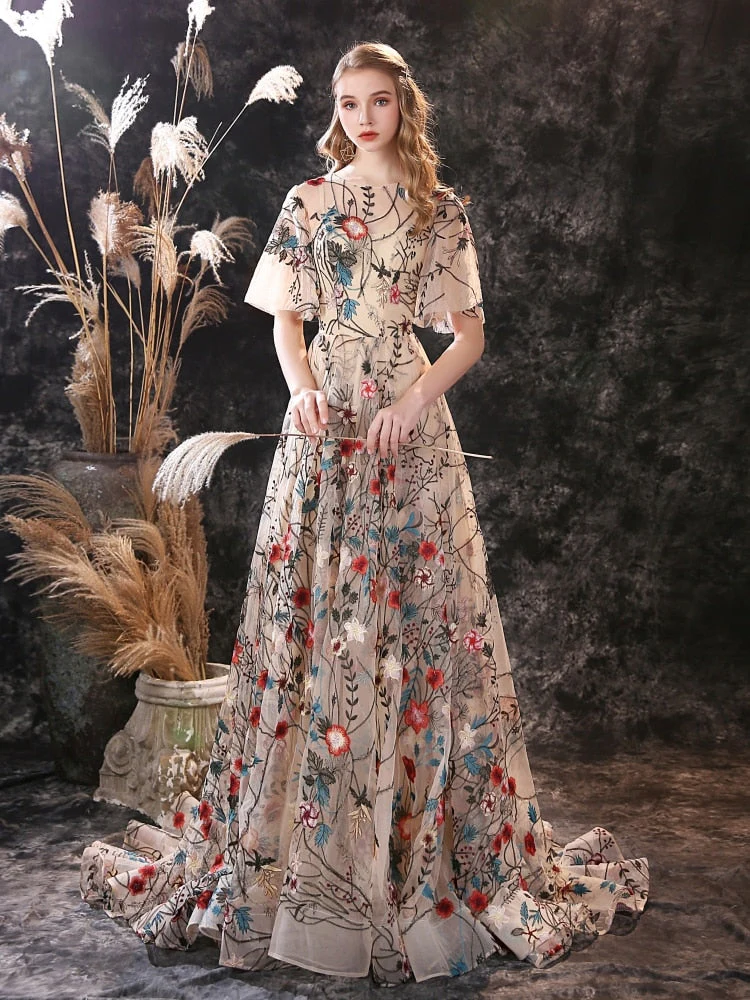 Floral Embroidery Evening Dresses  Long Dress Colorful Tulle Short Sleeve Court Train Romantic Prom Gown Party Women Wear - Deanwangkt
