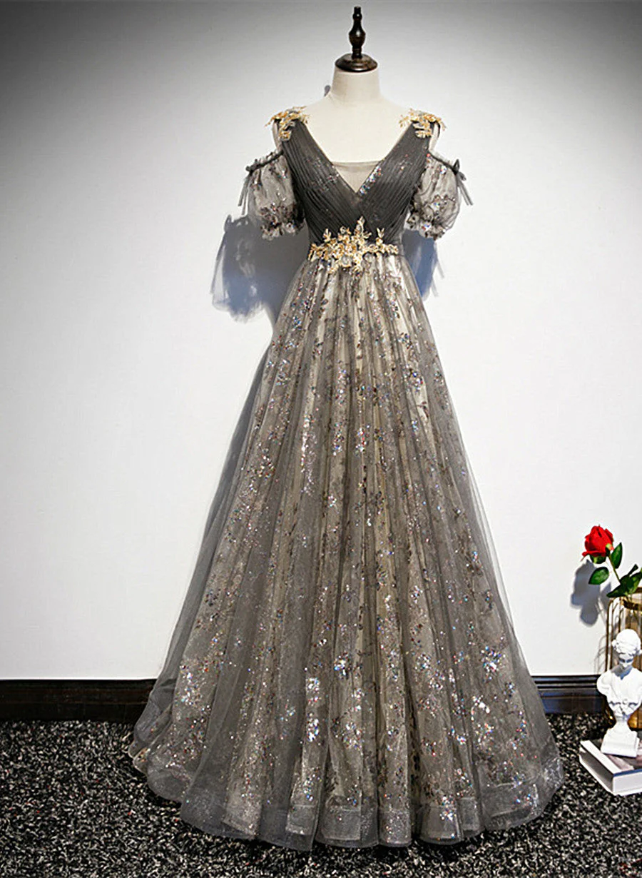 Solvbao Grey Purple V-neckline Tulle with Lace Prom Dress, Off Shoulder A-line Party Dress - Deanwangkt