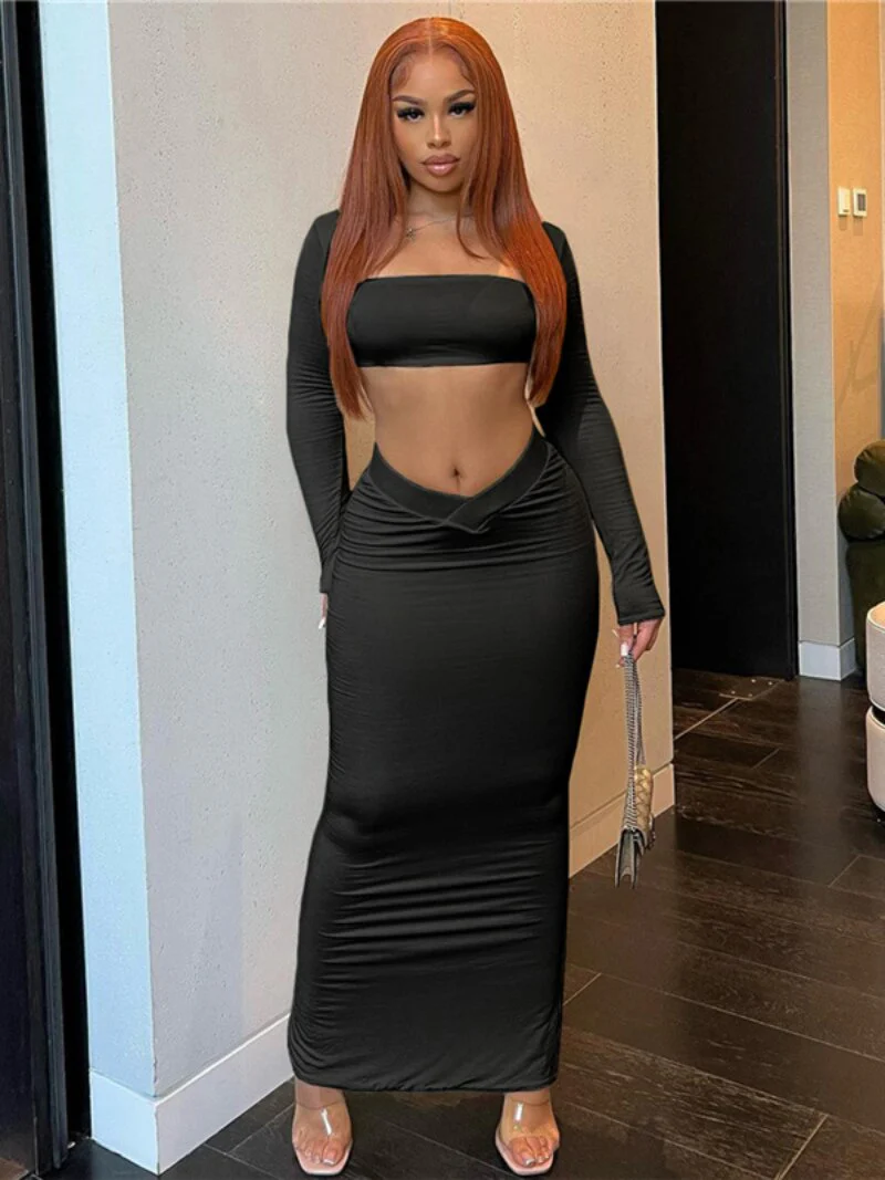 BACK TO COLLEGE    Fashion Women's 2 Piece Set Square Collar Long Sleeve Cropped T-shirt Low Waist Skirts Night Club Outfit Party Dress Suit Black - Deanwangkt