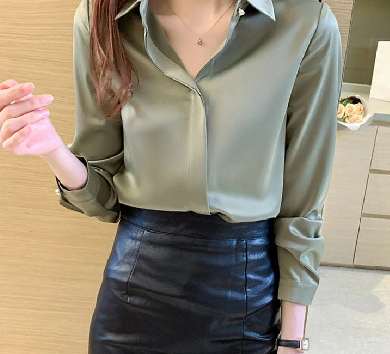 deanwangkt Office Lady Silk Women Shirt Blouse Tops Button Shirts Female Long Sleeve Satin Blouses For Women Clothing Chemise Femme 17276 - Deanwangkt