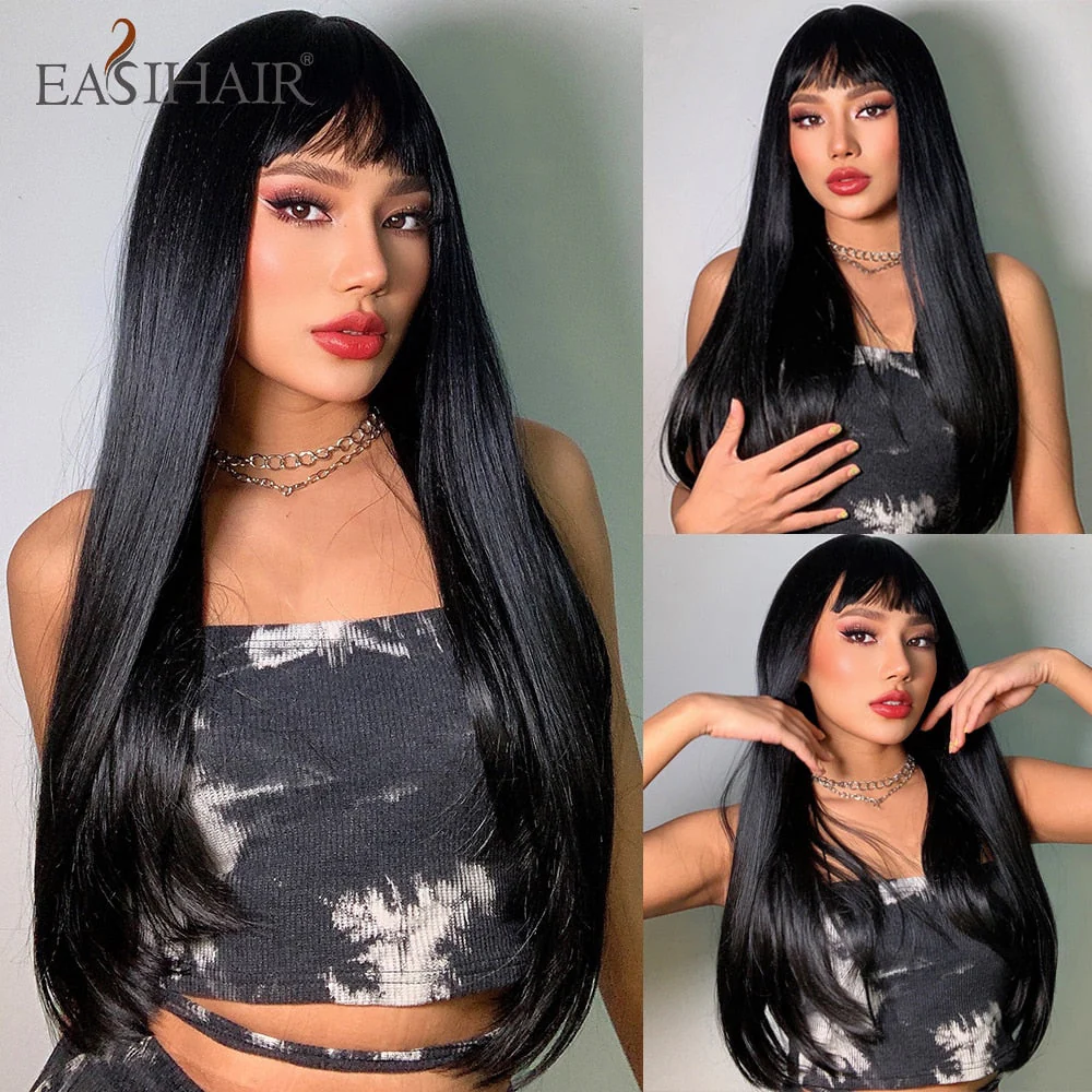 deanwangkt  Long Black Wigs Cosplay Body Wave Synthetic Wigs With Bangs For White/Black Women Brazilian American Natural Hair - Deanwangkt