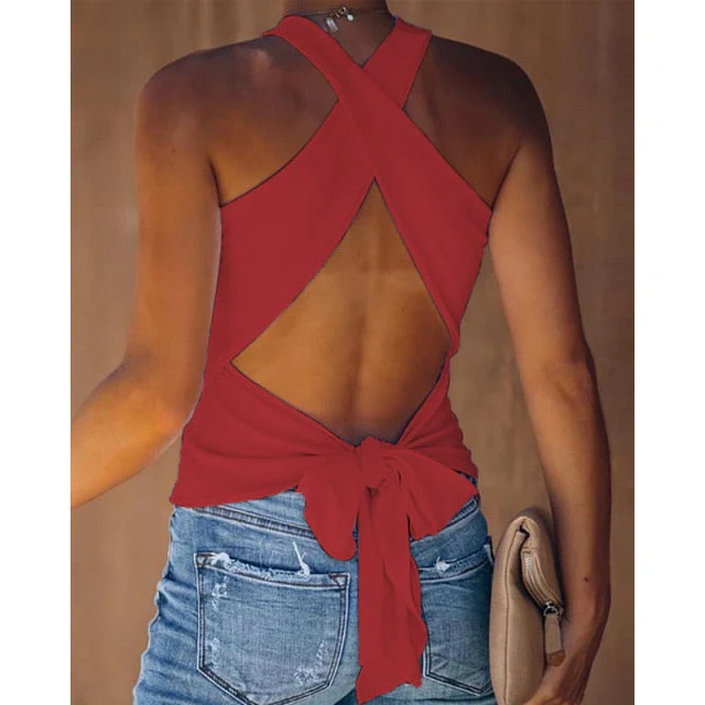 deanwangkt Summer Women Tank Top Casual Sleeveless Vest Tops Open Back Knotted Design Top Backless Bowknot Design Sexy Top Tank Tops - Deanwangkt