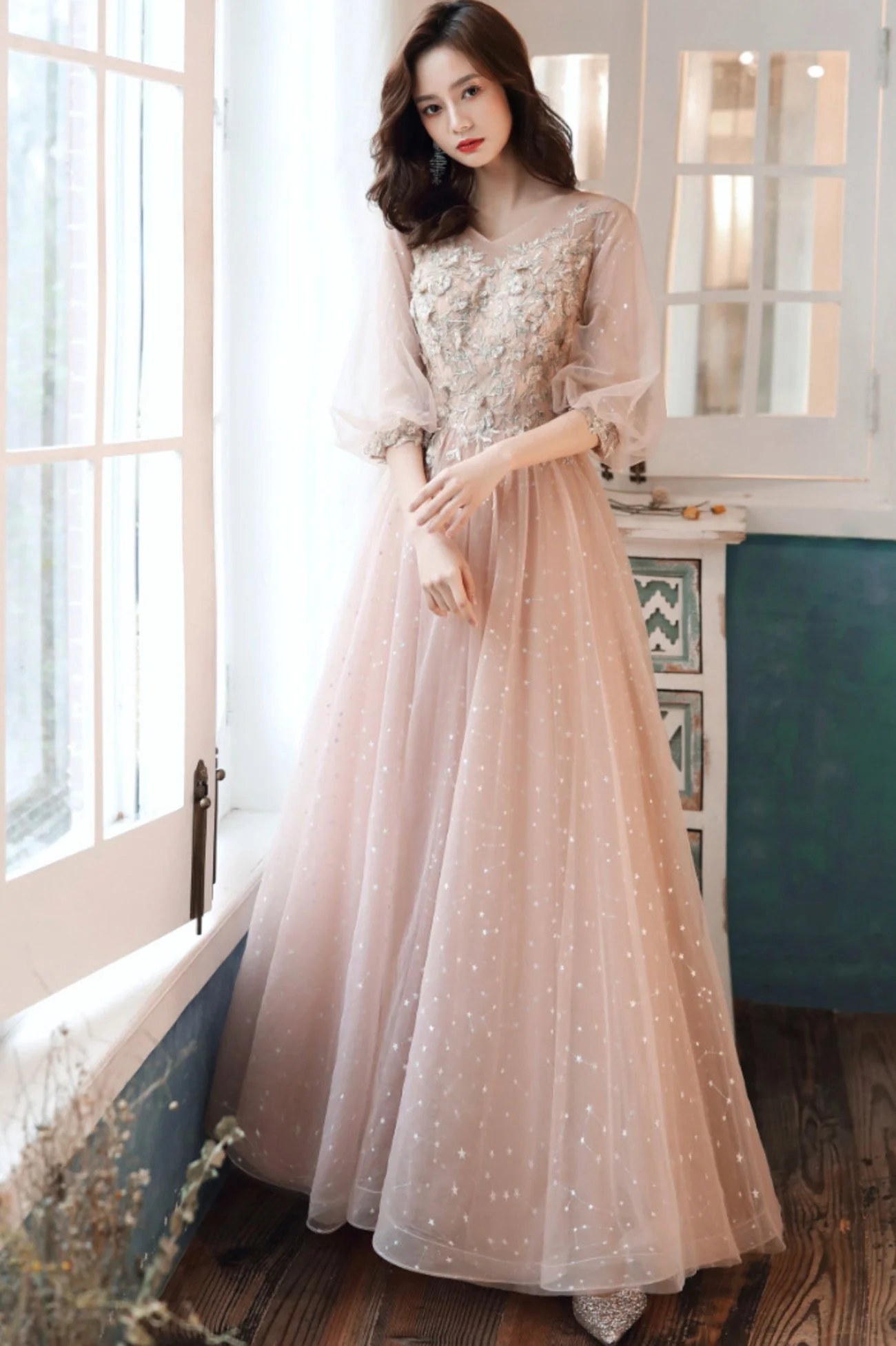 solvbao Pink Tulle Lace Long Prom Dresses, A-Line Long Sleeve Evening Dresses - Deanwangkt