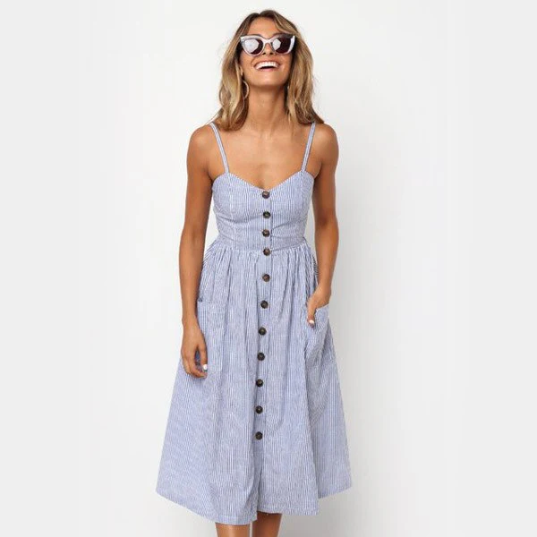 deanwangkt Summer Midi Dress Women's Sexy Sling Backless Sleeveless Button Striped Dot Print Solid Beach Dress With Pockets Female Sundress - Deanwangkt