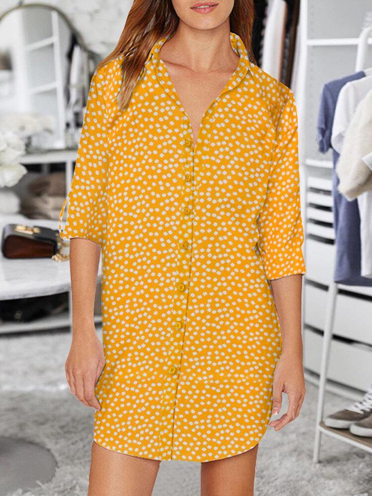 deanwangkt Women Ditsy Floral Print Button Up Long Sleeve Casual Longline Shirts - Deanwangkt