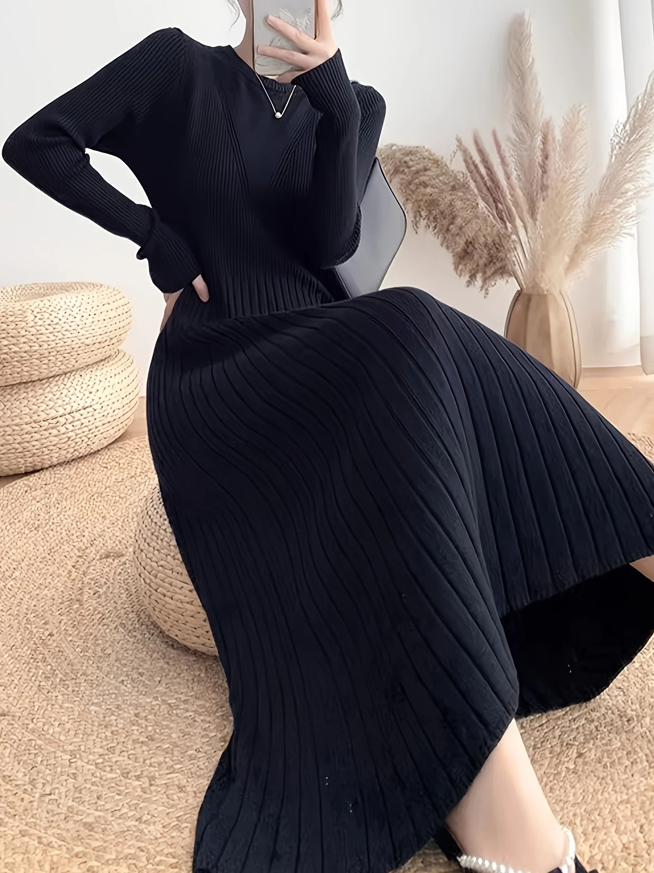 Ribbed Solid Midi Dress, Elegant Crew Neck Long Sleeve Dress, Women's Clothing - Deanwangkt