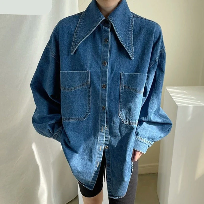 deanwangkt Female Denim Shirt Autumn Korean Retro Chic Pointed Collar Single-Breasted Loose Large Pockets Washed Blue Blouses - Deanwangkt