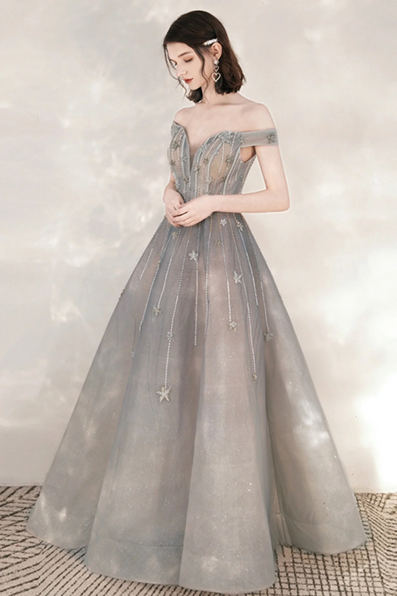 solvbao Cute Tulle Sequins Long Prom Dresses, Off the Shoulder Evening Dresses - Deanwangkt