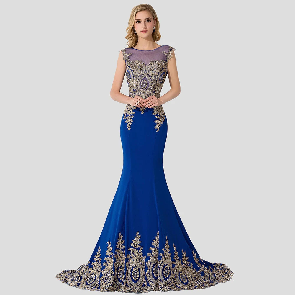 DEANWANGKT Plus Size Blue Prom Dresses Long Women Mermaid Train Party Gown Birthday Gift Lady Luxury Gold Lace Appliques See through Back - Deanwangkt