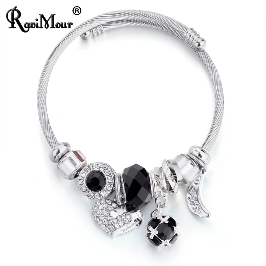 DEANWANGKT Love Heart DIY Bracelet Crystal Bead Charms Bracelets & Bangles Fashion Indian Jewelry Steel Chain Wristband Brand Gift - Deanwangkt