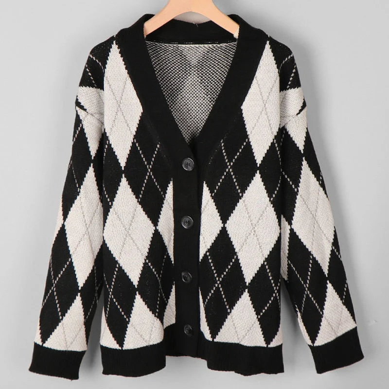 deanwangkt Cardigan Women Winter Chic Sweater Jacket Girl Knitted Argyle Coat Loose All Match Student Korean Knitwear Pink Tops Sweat Femme - Deanwangkt