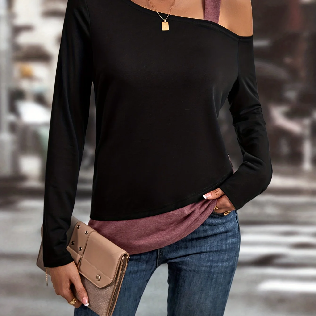 deanwangkt  Colorblock Cold Shoulder T-Shirt, Casual Long Sleeve Top For Spring & Fall, Women's Clothing - Deanwangkt