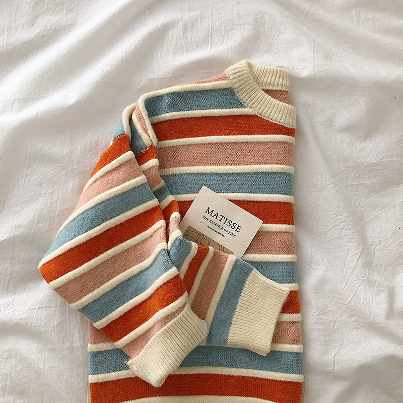 deanwangkt  New Women Stripe Sweater Autumn Winter Loose Long Sleeve Pullover Tops Korean Ladies Knitted Patchwork Korean Sweaters - Deanwangkt