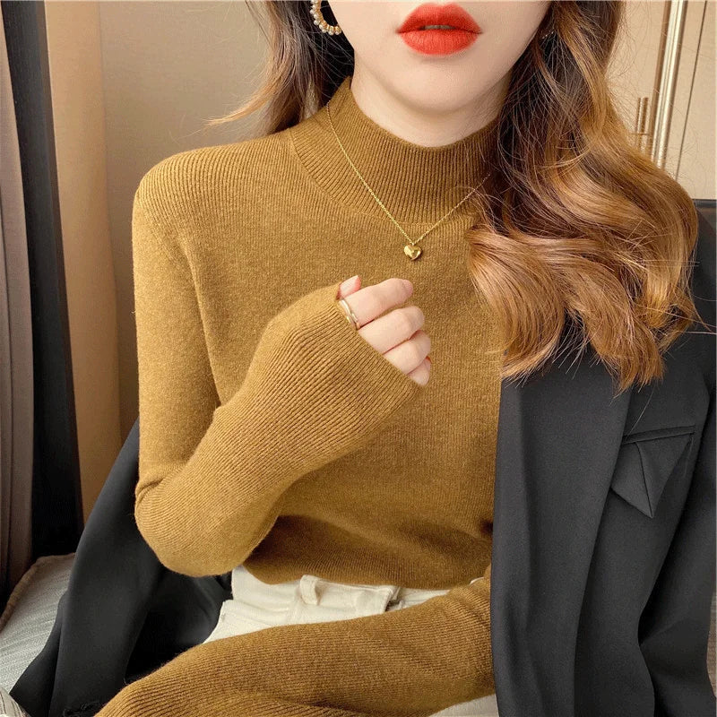 deanwangkt Autumn Winter Women Mock neck Sweaters Pullover Tops Knitwear Fashion Female Long Sleeve Skinny Elastic Casual Knitted Shirts - Deanwangkt
