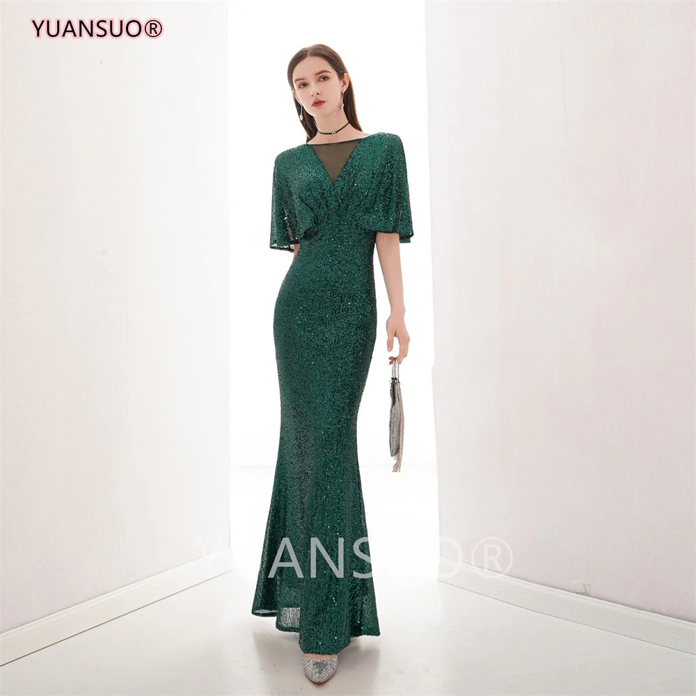 DEANWANGKT Golden Evening Dresses Mermaid Short Sleeves Sexy V Neck Evening Gown Elegant Glitter Bat Sleeves Formal Party Dress - Deanwangkt