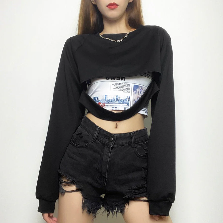 Gothic hollow tshirt 2 pieces crop top summer black Punk bandage tassel top high streetwear party top cotton tees female - Deanwangkt