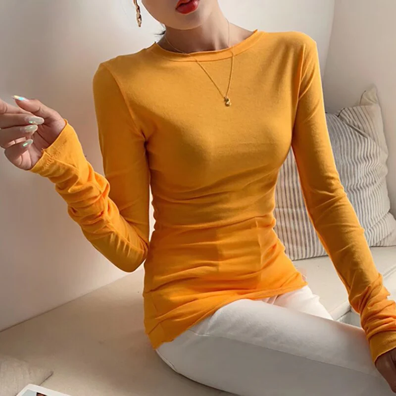 Wenkouban Long Sleeve Tops For Women Solid Cotton Tee Shirt Femme Korean Fashion Clothing Casual Tshirts Slim T-Shirt Tees Spring Autumn - Deanwangkt