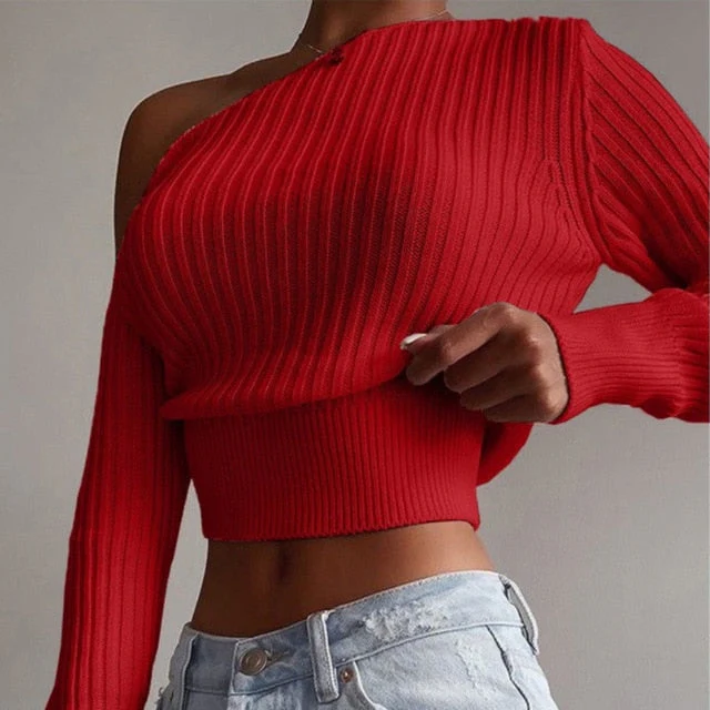 deanwangkt New Sexy Off Shoulder Women' Sweater Jumper Spring Long Sleeve Knitted Crop Tops Fashion Solid Lady Pullover Sweaters Streetwear - Deanwangkt