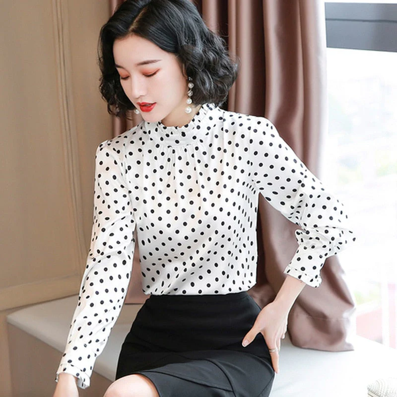 Graduation Gifts  Women Blouses Casual Stand Collar Autumn Fashion Women Shirts Blouses Long Sleeve Polka Dot Women Tops  Fashion Blusas 10589 - Deanwangkt