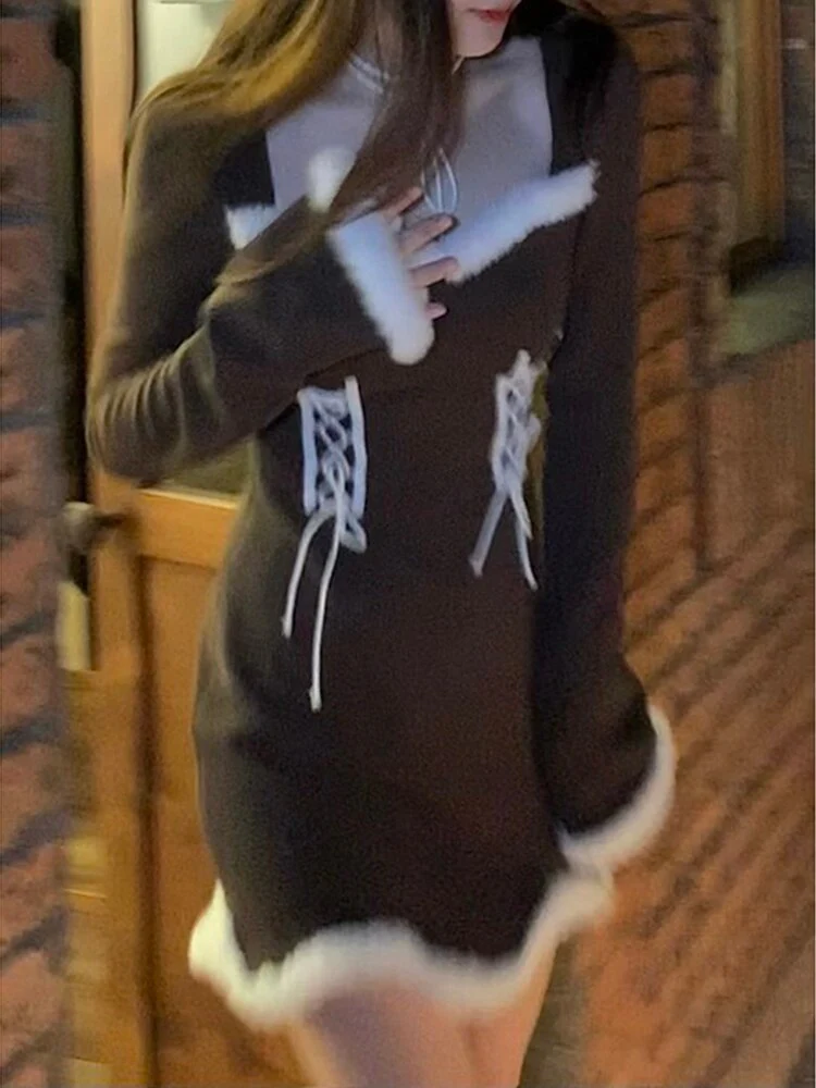 deanwangkt  Winter Sweet Christmas Dress Women Red Kawaii Lolita Party Mini Dresses Warm Korean Night Dresses Ladies Festival Clothing - Deanwangkt