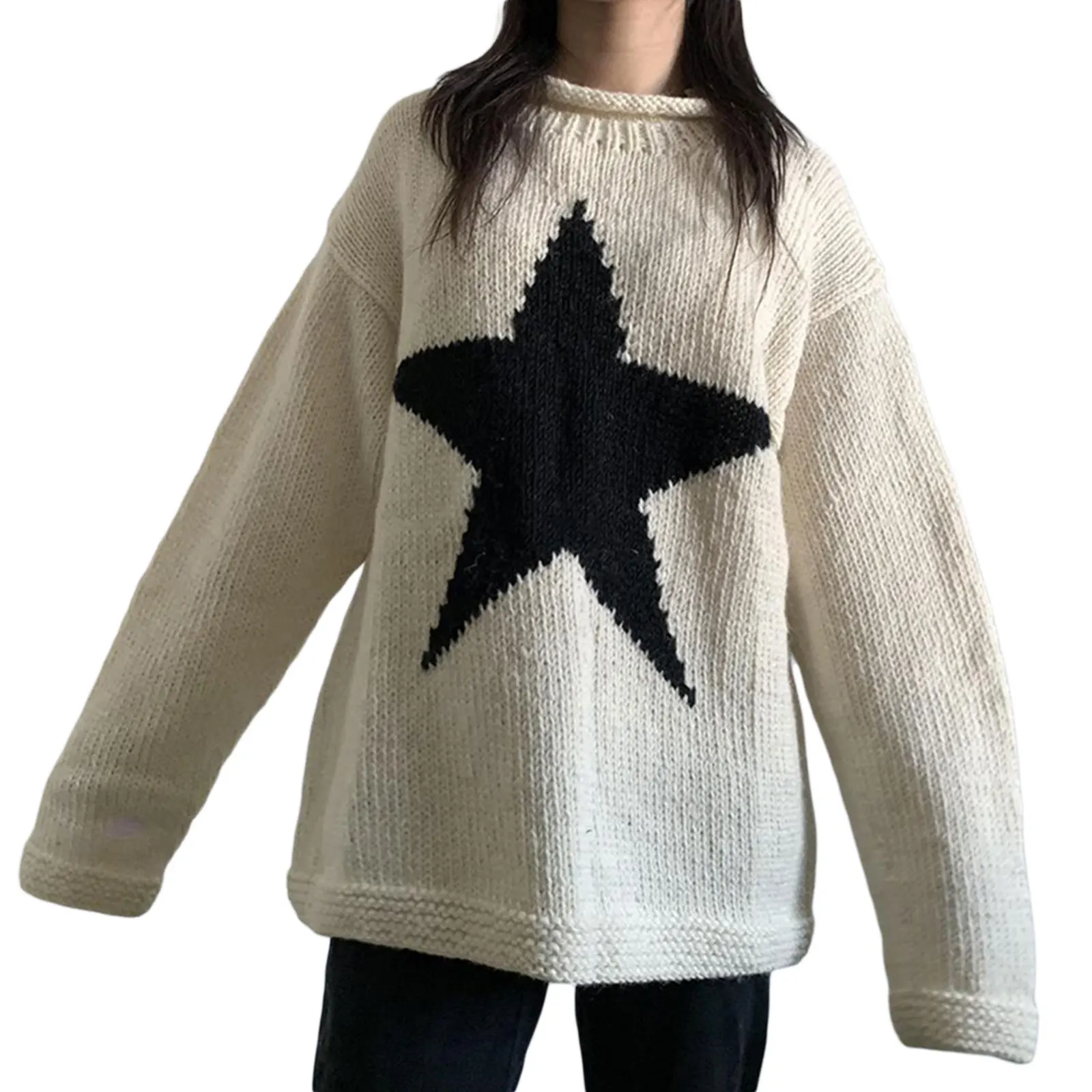 deanwangkt women loose knitted sweater Star Pattern Pullovers Ladies Round Collar Long Sleeve Knitwear Jumpers Y2k Clothes Streetwear - Deanwangkt