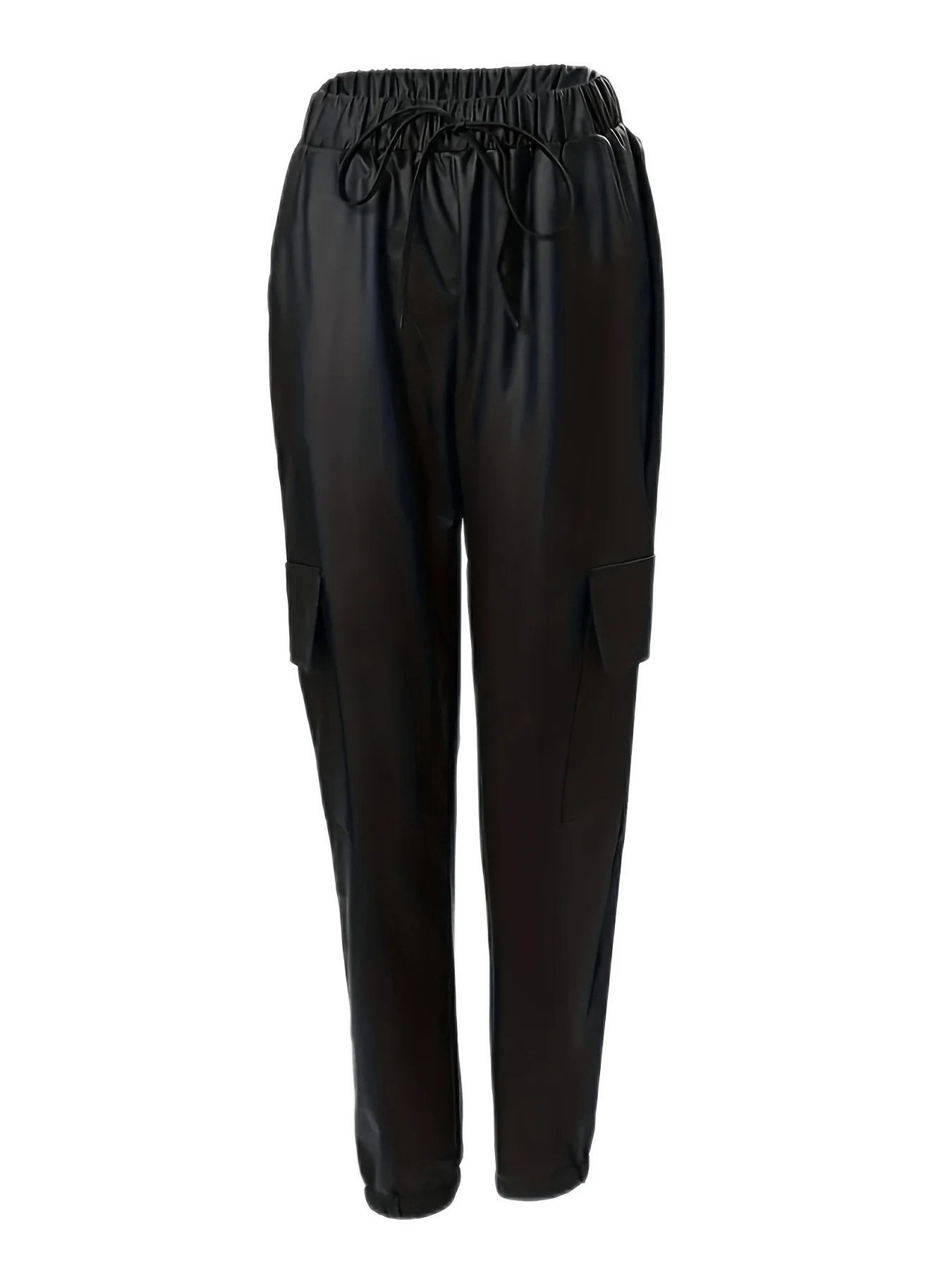 deanwangkt Faux Leather Jogger Pants, Casual Tied Elastic Waist Flap Pocket Pants, Women's Clothing - Deanwangkt