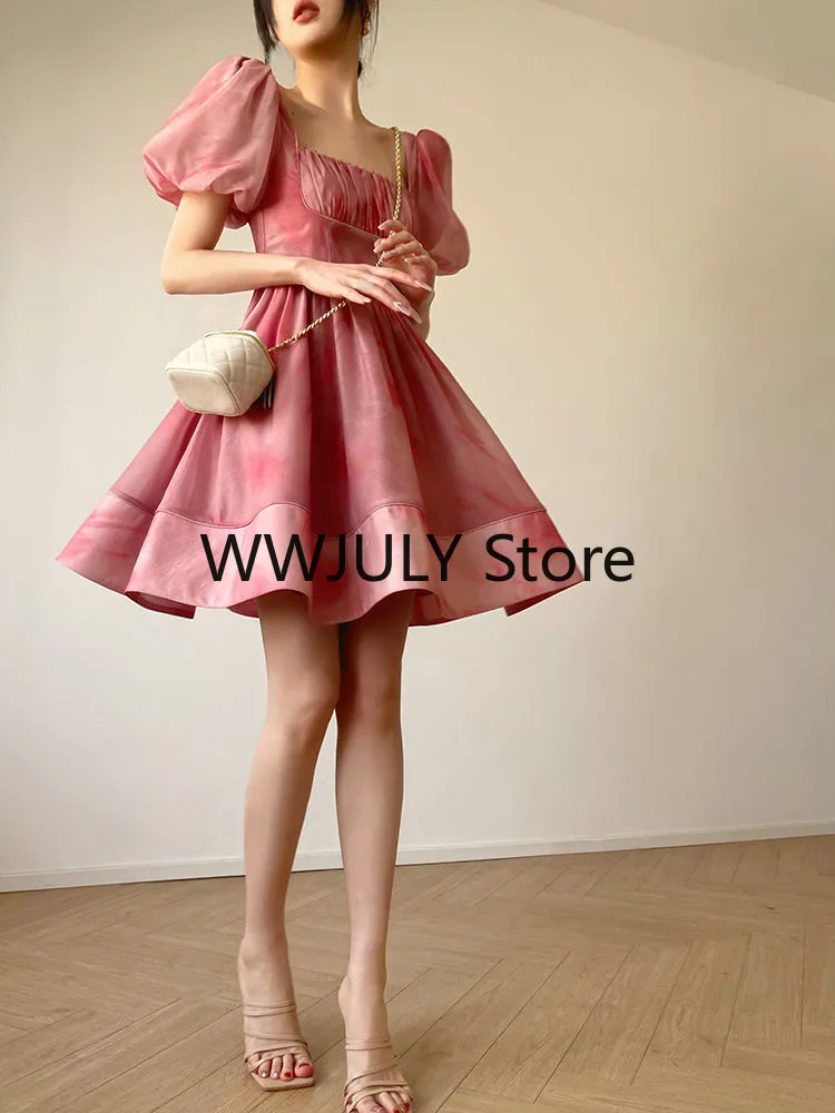 Joskka Short Sleeves Elegant Dress for Women  Fashion Fairy Square Collar Y2k Mini Dress Party Beach Style High Waisted Dress Chic - Deanwangkt