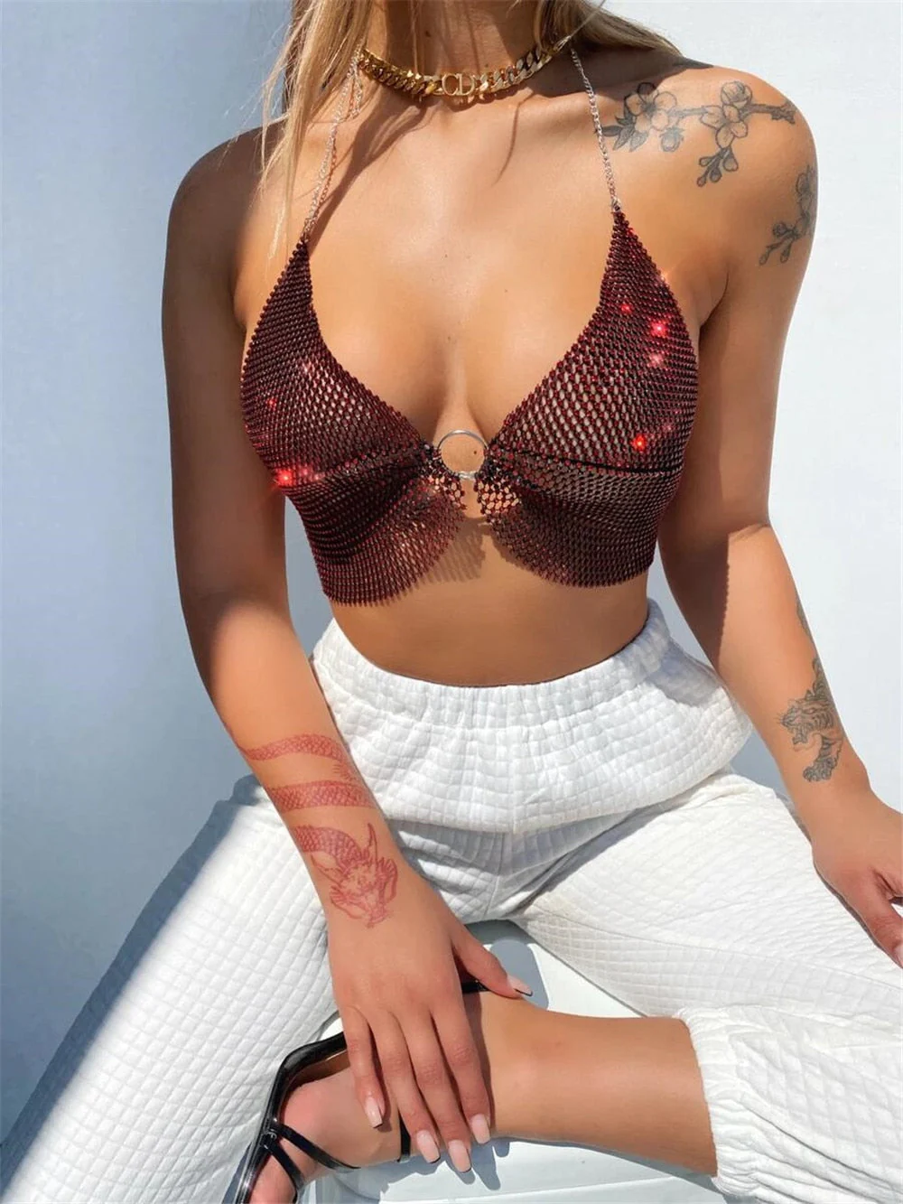 deanwangkt  Sexy Crop Top Women Two Piece Set Festival Beach Club Outfits Party Tank Top T Shirt Woman Halter Rhinestones Tops Summer - Deanwangkt