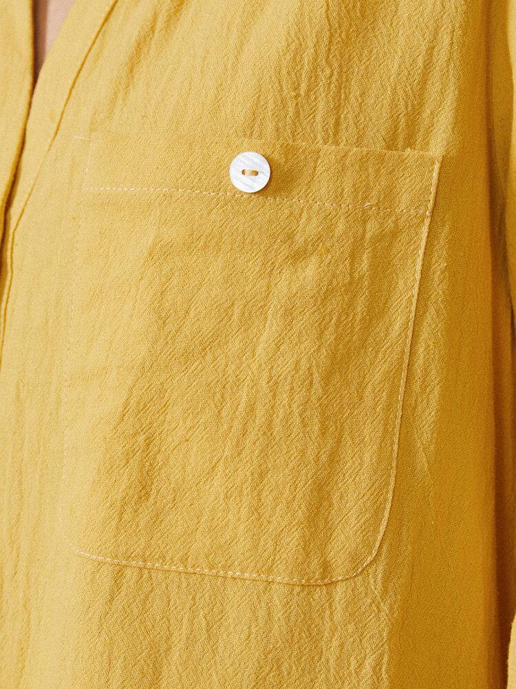 deanwangkt Women Mustard Yellow V-neck Front Pocket Design Long Sleeve Casual Shirts - Deanwangkt