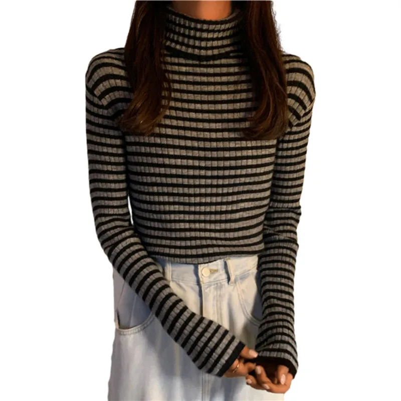 deanwangkt New Black Striped Sweater Women Knitted Pullover Autumn Long Sleeve Turtleneck Knitwear Korean Bottoming Shirt Stretch Jumpers - Deanwangkt