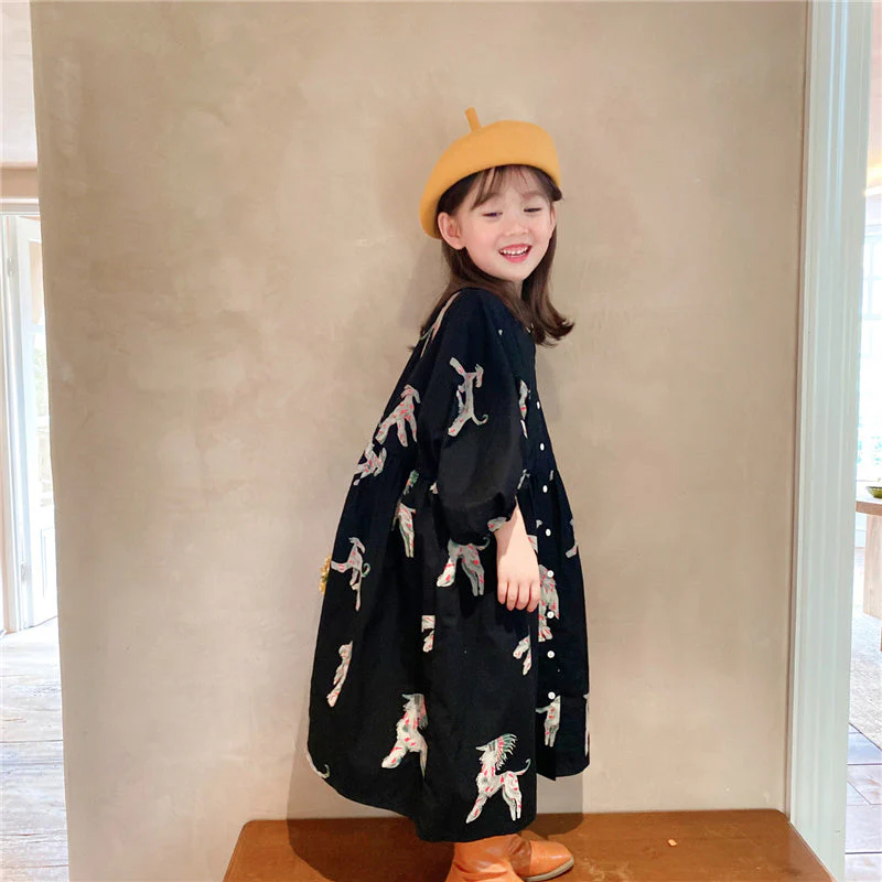 deanwangkt  Spring autumn kids colorful pony printing oversized long dress for girls cotton loose puff sleeve high quality dresses - Deanwangkt