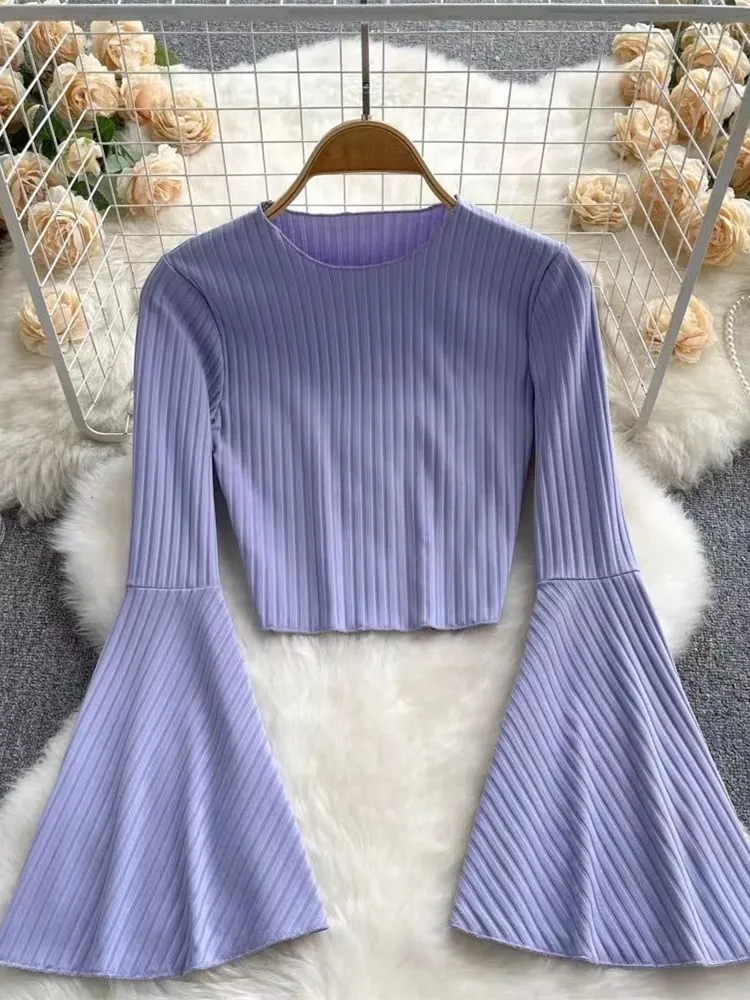 deanwangkt Elegance Casual Fashion Flared Sleeve Short O-neck Slim T-shirt And Blouses Top Summer Autumn Clothes For Woman Basics - Deanwangkt