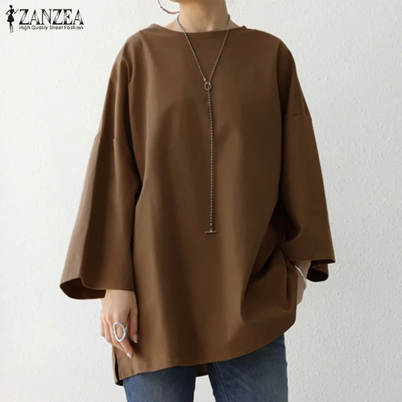 deanwangkt Womens Baggy Solid Blouse ZANZEA  Vintage Flare Sleeve Tops Casual Autumn Blusas Female Split Tunic Oversized Chemise - Deanwangkt