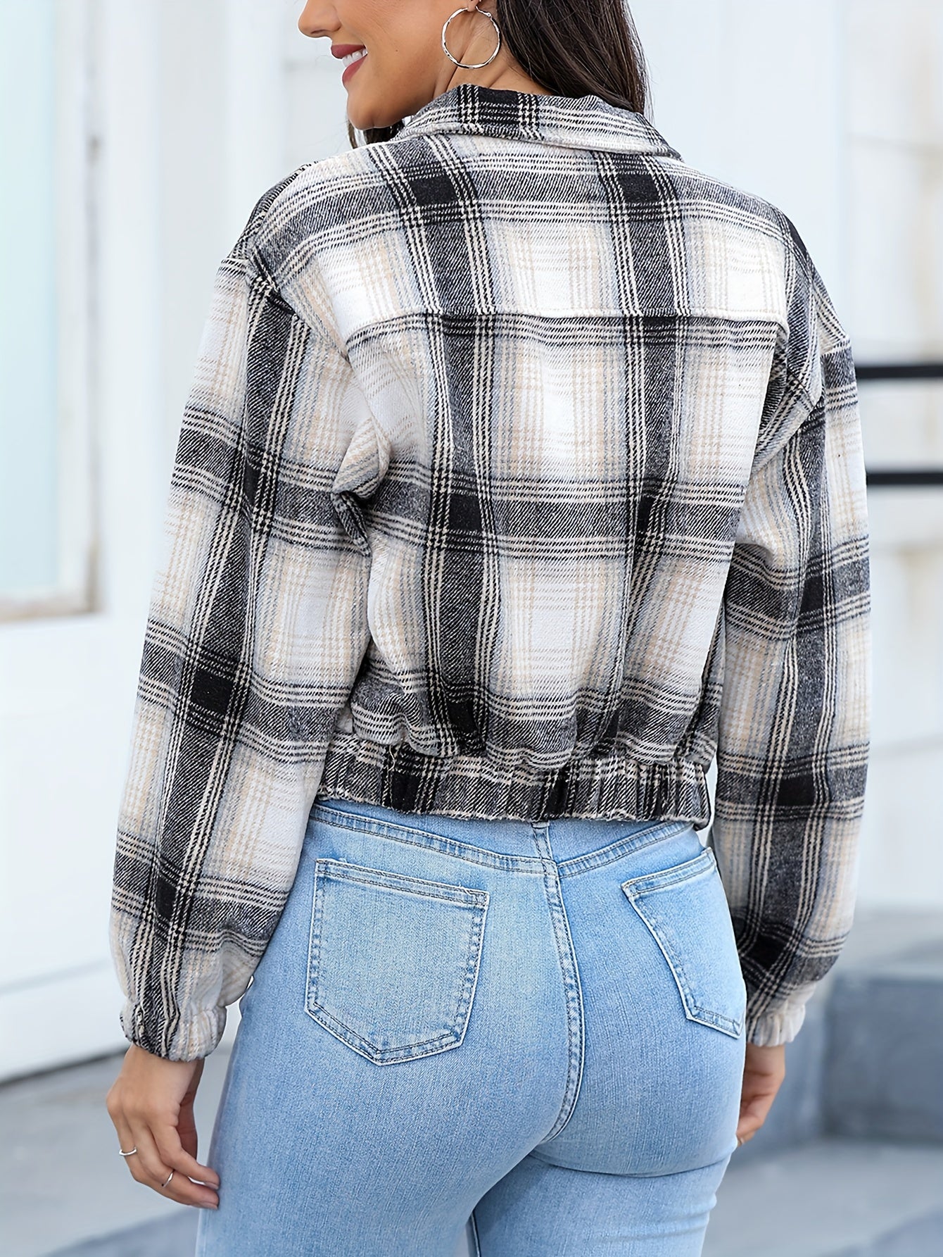 Zip Front Plaid Lapel Jacket, Casual Flap Pockets Long Sleeve Jacket For Fall & Winter, Women's Clothing - Deanwangkt