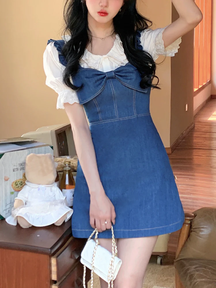 deanwangkt Piece Dress Set Women Fashion Suits Y2k Mini Dress + Casual Blouse Kawaii Clothing Elegant Denim Jean Dress Female  Summer - Deanwangkt