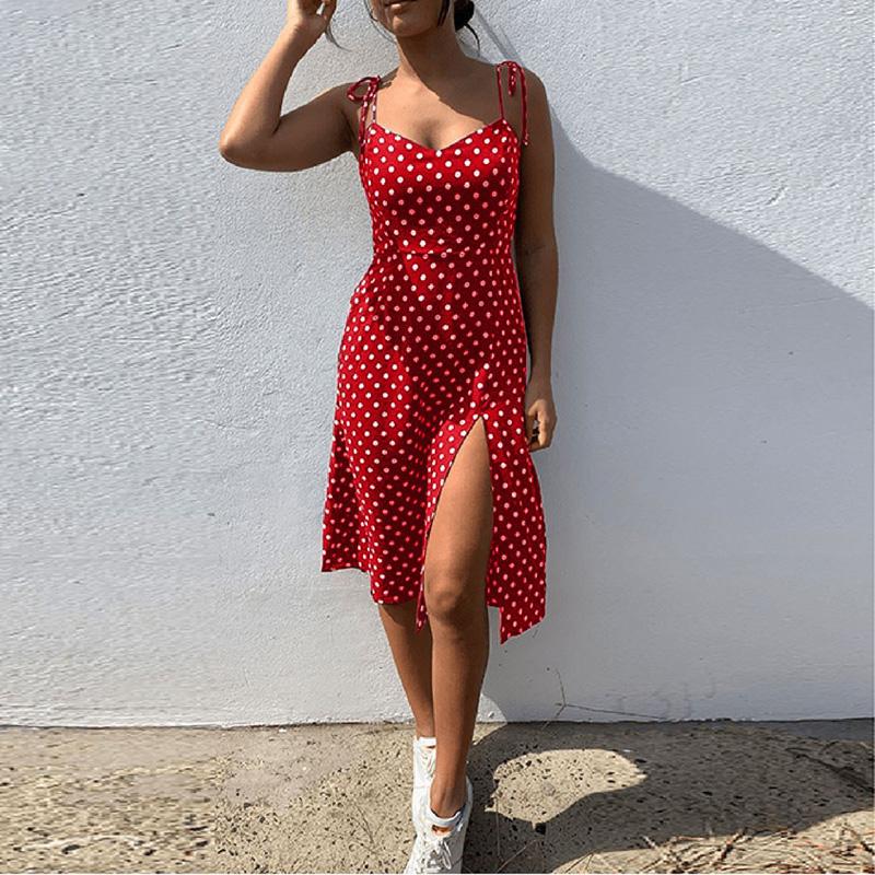 deanwangkt Dresses Sundress Summer Women Causal Polka Dot Sleeveless High Pleated elastic waist V-Neck Beach Dress Vestidos De Verano - Deanwangkt
